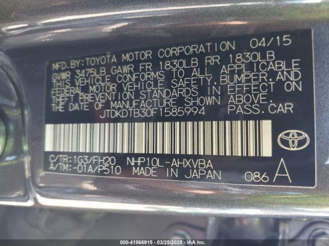 JTDKDTB30F1585994 Toyota Prius C One