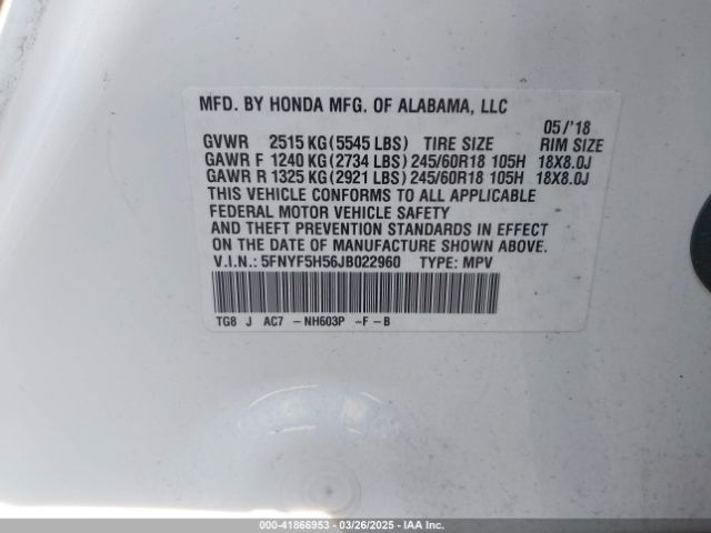 5FNYF5H56JB022960 Honda Pilot Ex-l