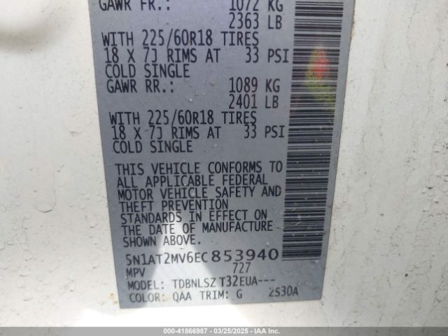 5N1AT2MV6EC853940 Nissan Rogue Sl