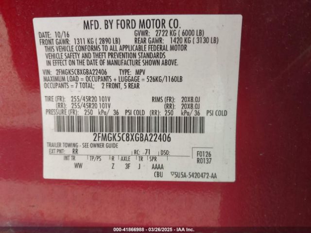 2FMGK5C8XGBA22406 Ford FLEX SEL