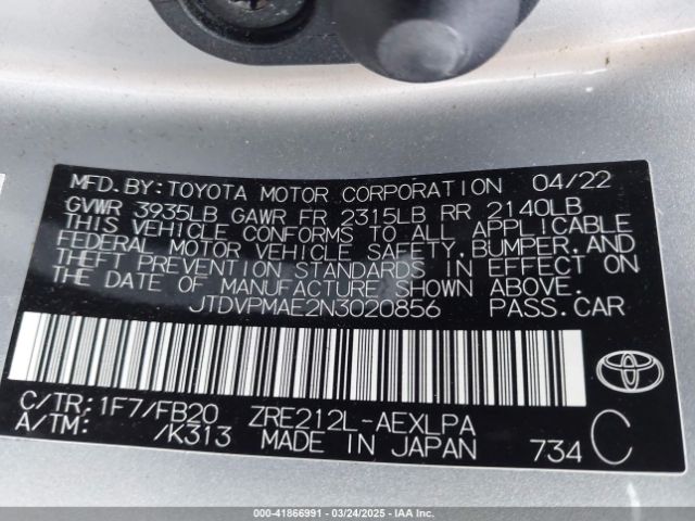 JTDVPMAE2N3020856 Toyota COROLLA LE