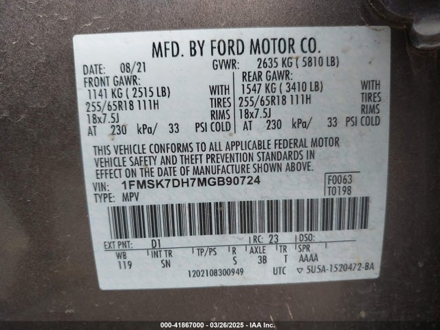 Ford EXPLORER XLT 2021 1FMSK7DH7MGB90724 Image 9