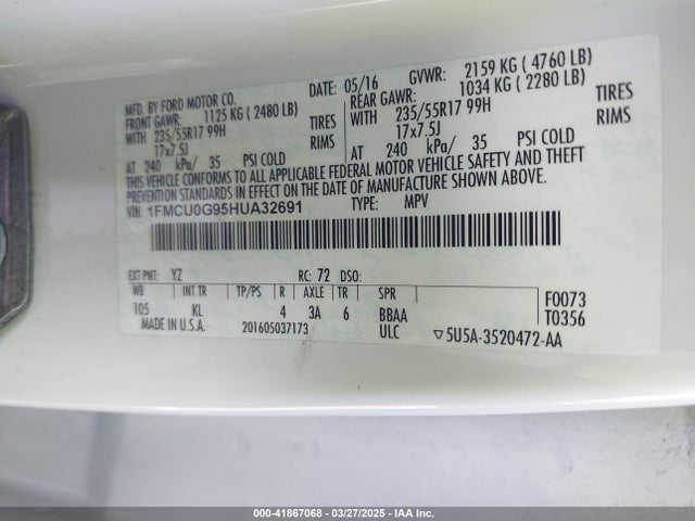 1FMCU0G95HUA32691 Ford ESCAPE SE