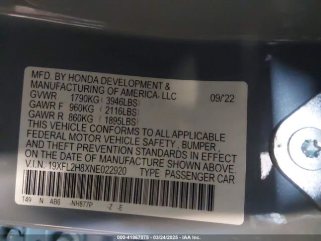 2022 HONDA CIVIC 19XFL2H8XNE022920 Photo 8