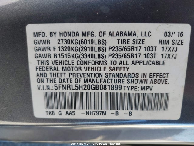 5FNRL5H20GB081899 Honda ODYSSEY LX