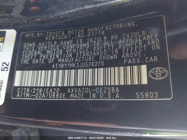 4T1B11HK3JU576270 Toyota CAMRY SE
