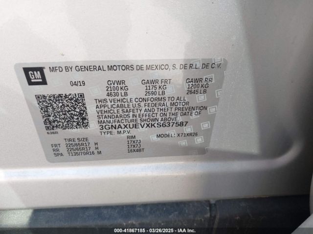 3GNAXUEVXKS637587 Chevrolet EQUINOX LT