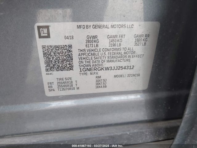 1GNERGKW3JJ254312 Chevrolet Traverse 1lt