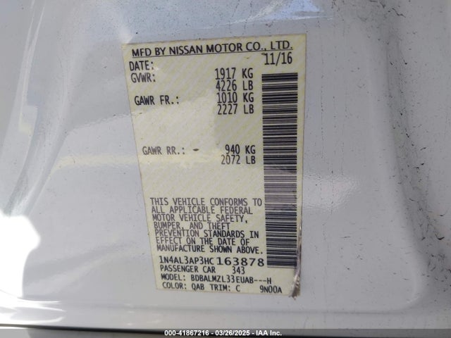 1N4AL3AP3HC163878 Nissan Altima 2.5 Sv