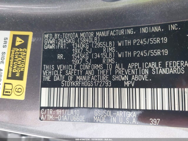 5TDYKRFH0GS172793 Toyota 2gr-fe