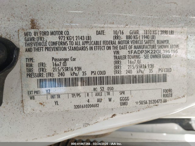 1FADP3K22GL395195 Ford FOCUS SE