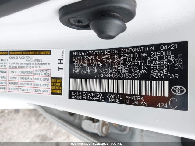 JTDKAMFU6M3150707 Toyota Prius Le