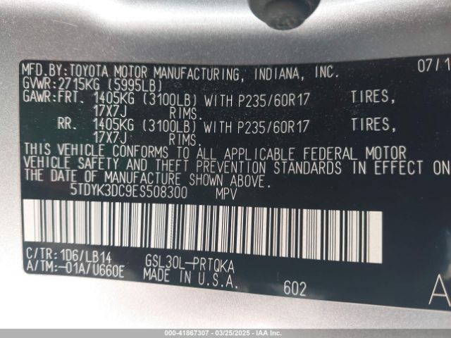 5TDYK3DC9ES508300 Toyota Sienna Xle V6 8 Passenger