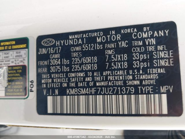 KM8SM4HF7JU271379 Hyundai Santa Fe Se
