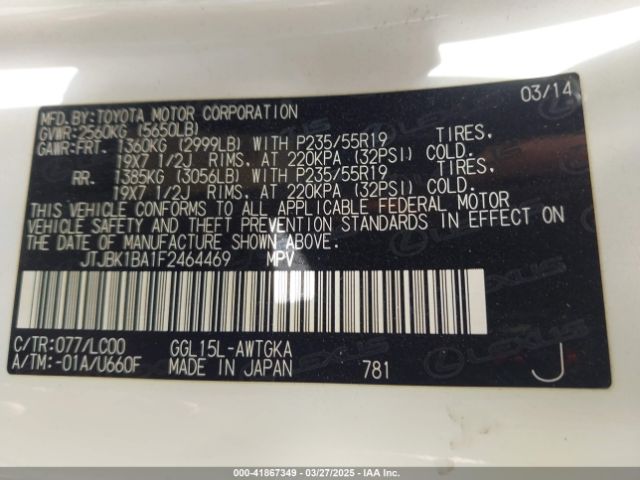 JTJBK1BA1F2464469 Lexus Rx 350/base/f Sport