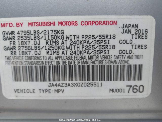 2016 MITSUBISHI OUTLANDER JA4AZ3A3XGZ025511 Photo 8