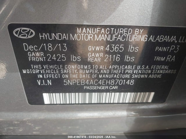 5NPEB4AC4EH870148 Hyundai SONATA GLS