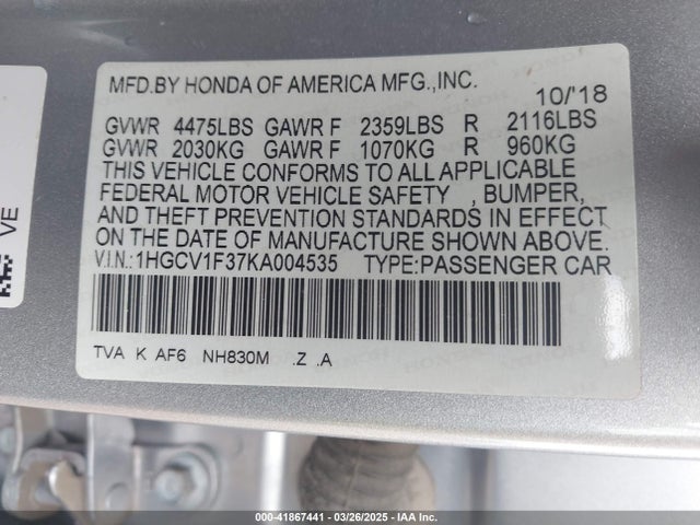 1HGCV1F37KA004535 Honda Accord Sport