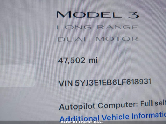 2020 TESLA MODEL 3 5YJ3E1EB6LF618931 Photo 6