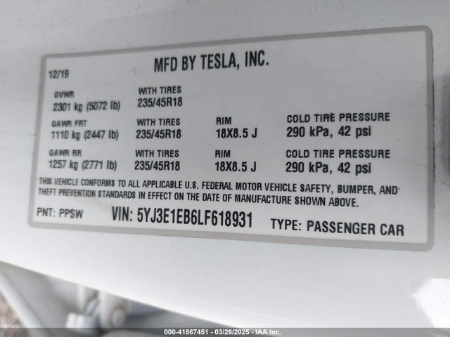 2020 TESLA MODEL 3 5YJ3E1EB6LF618931 Photo 8