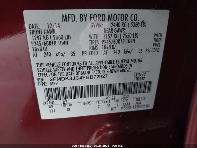 Ford EDGE SEL 2014 2FMDK3JC4EBB72927 Image 9