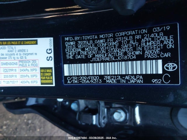 JTDEPRAE5LJ018704 Toyota COROLLA LE