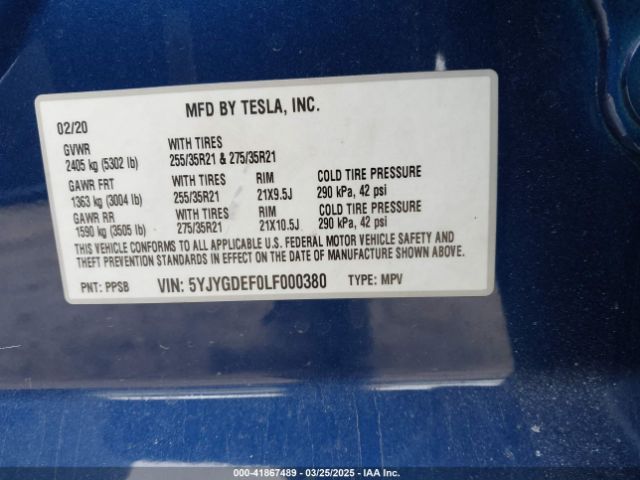 5YJYGDEF0LF000380 Tesla Model Y Long Range Dual Motor All-wheel Drive/performance Dual Motor All-wheel Drive