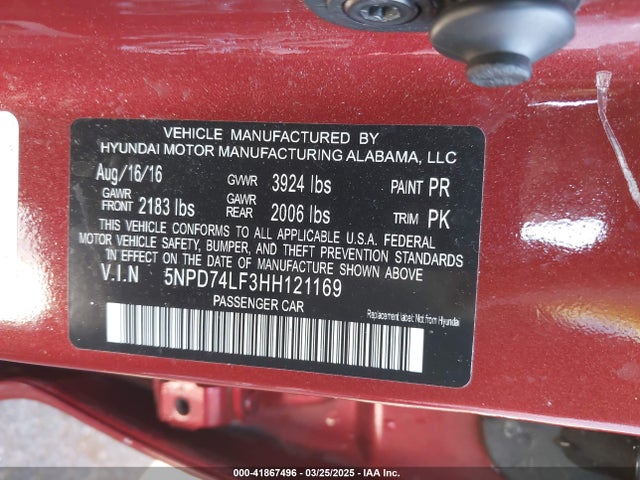 5NPD74LF3HH121169 Hyundai ELANTRA SE