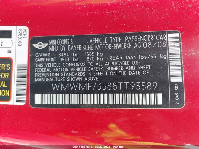 2008 MINI COOPER S WMWMF73588TT93589 Photo 8