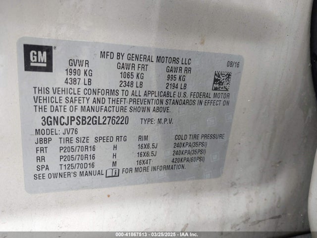 3GNCJPSB2GL276220 Chevrolet Trax Lt