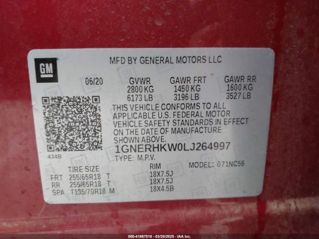 1GNERHKW0LJ264997 Chevrolet Traverse Fwd Lt Leather