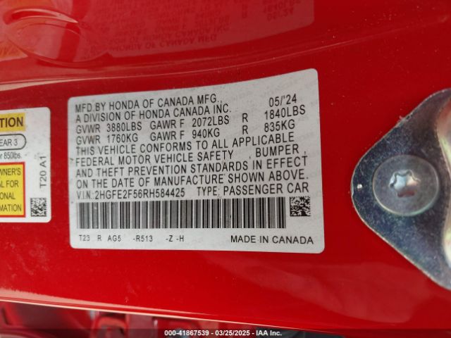 2HGFE2F56RH584425 Honda Civic Sport