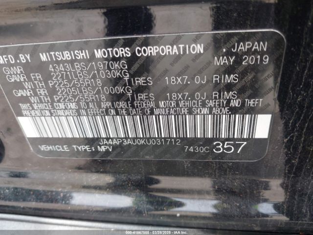 JA4AP3AU0KU031712 Mitsubishi Outlander Sport 2.0 Le