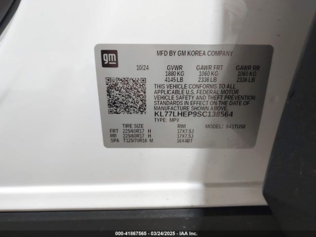 KL77LHEP9SC138564 Chevrolet Trax Fwd Lt