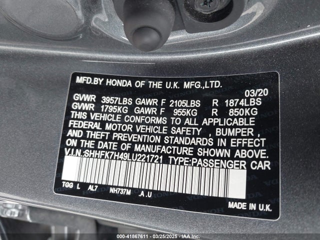 SHHFK7H49LU221721 Honda Civic Sport