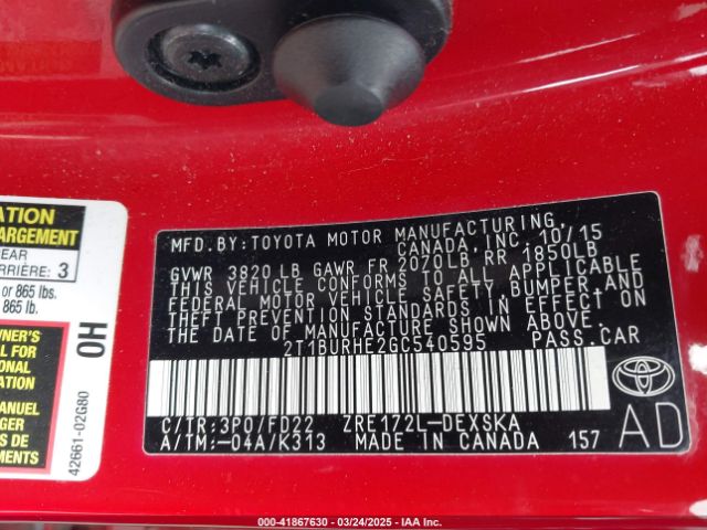 2T1BURHE2GC540595 Toyota Corolla S W/special Edition Pkg