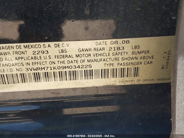 2009 Volkswagen Jetta Se/sel მანქანა იყიდება აუქციონზე, vin: 3VWRM71K09M034225, აუქციონის ნომერი: 41867654