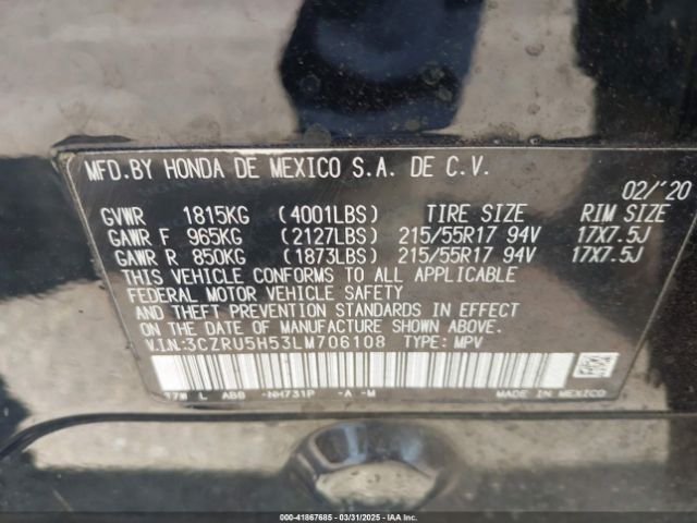 3CZRU5H53LM706108 Honda Hr-v 2wd Ex