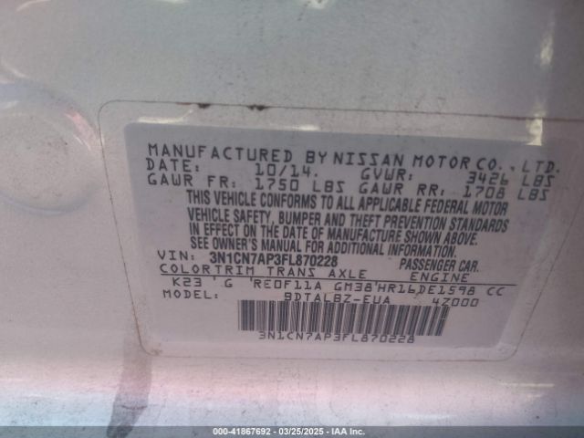 3N1CN7AP3FL870228 Nissan Versa 1.6 Sv