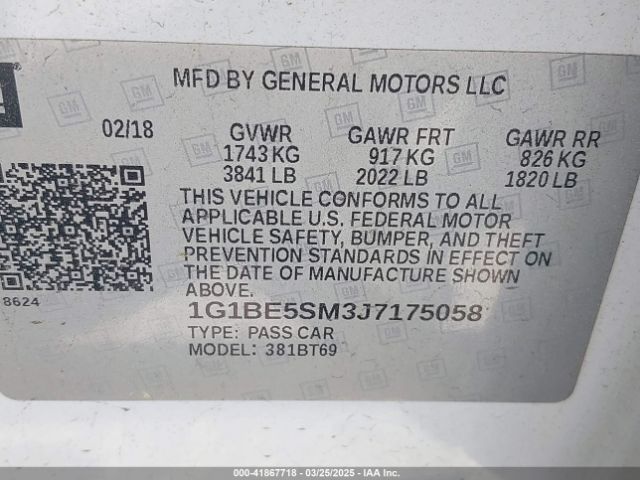 1G1BE5SM3J7175058 Chevrolet le2 -di: direct injection, vvt: variable valve timing, gen, alum