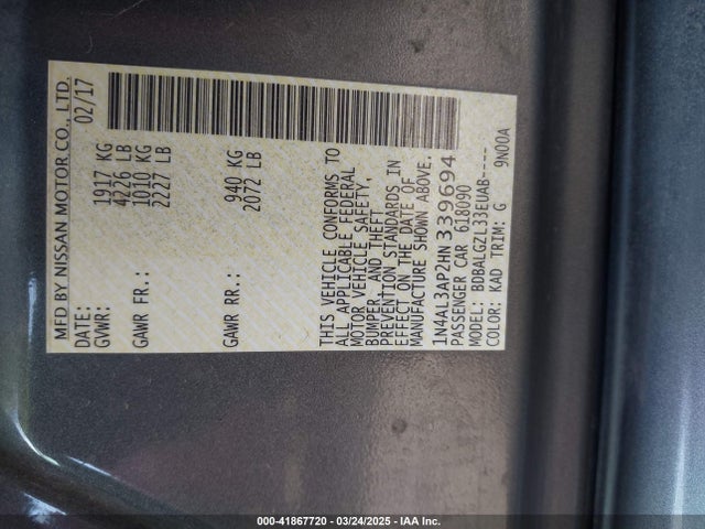 Nissan Altima 2.5 S 2017 1N4AL3AP2HN339694 Image 9