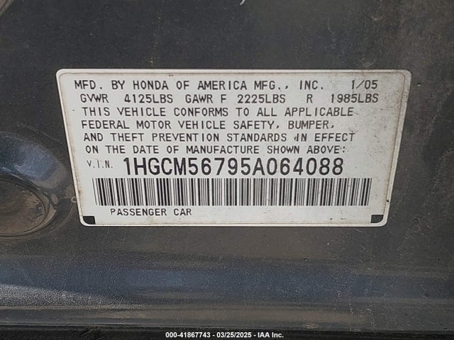 2005 Honda Accord 2.4 Ex მანქანა იყიდება აუქციონზე, vin: 1HGCM56795A064088, აუქციონის ნომერი: 41867743