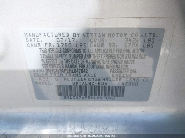 3N1CN7AP2HL847042 Nissan Versa 1.6 Sv
