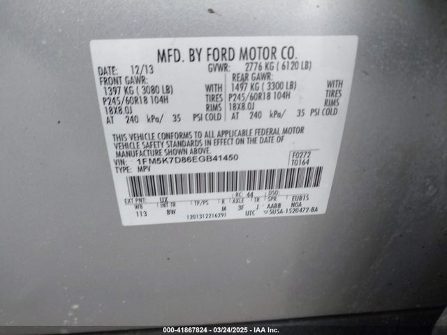 1FM5K7D86EGB41450 Ford EXPLORER XLT