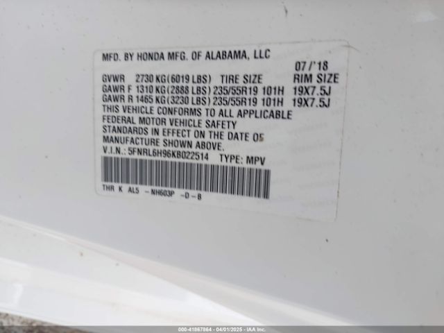 5FNRL6H96KB022514 Honda Odyssey Elite