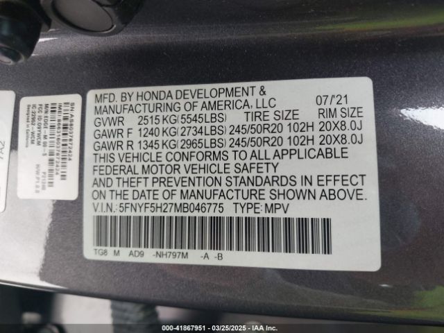 5FNYF5H27MB046775 Honda Pilot 2wd Special Edition