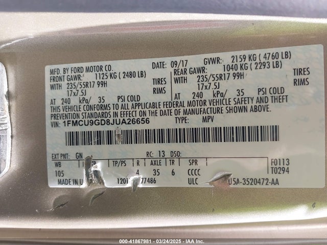 1FMCU9GD8JUA26656 Ford ESCAPE SE