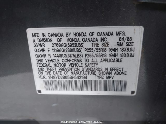 2008 ACURA MDX 2HNYD28658H543194 Photo 8