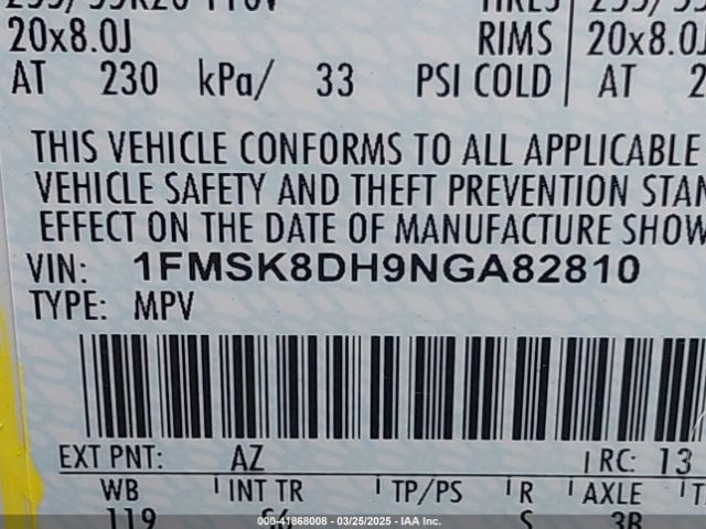 1FMSK8DH9NGA82810 Ford EXPLORER XLT