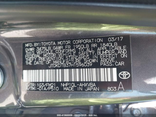 JTDKDTB37H1596039 Toyota Prius C Two